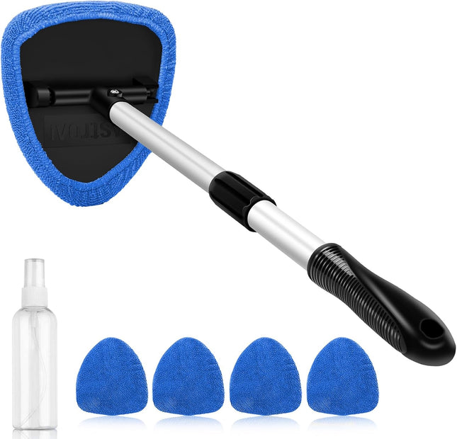 Windshield Cleaner Tool – 21in Extendable Handle with 4 Reusable Microfiber Pads