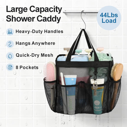 Mesh Shower Caddy with 8 Pockets & Handles – Dorm, Travel, Gym, Black