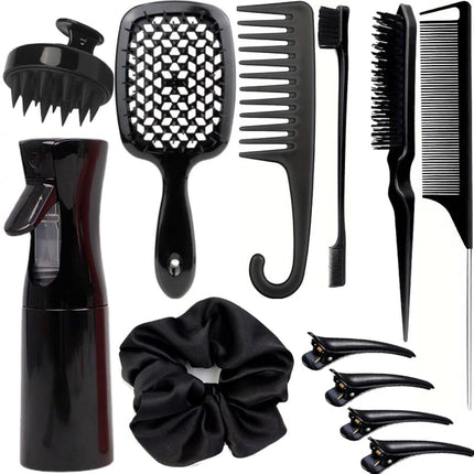 12-Piece Hair Styling Brush Set – Detangler, Teasing, Edge & Baby Hair Brushes (Black)