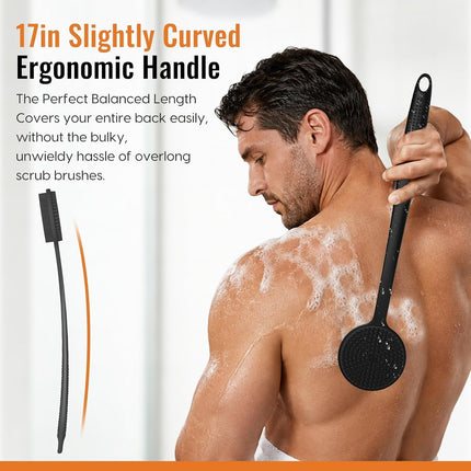 2Pcs Silicone Back & Face Scrubber Set, 17in Handle, Exfoliating Shower Brushes