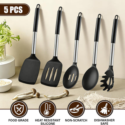 5Pc Silicone Cooking Utensils Set Heat Resistant Nonstick Kitchen Black