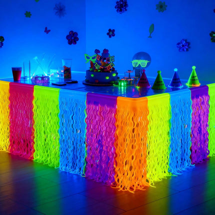 Glow in the Dark Party Table Skirts 2-Pack – Neon Foil Fringe Decorations