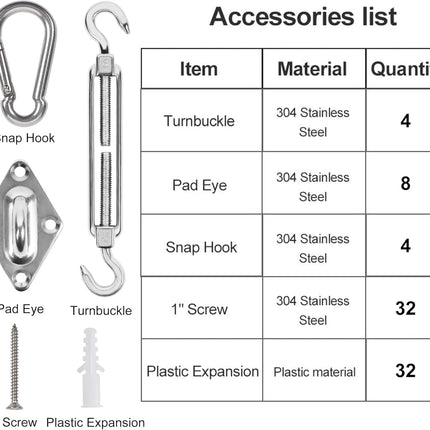 80PCS Shade Sail Hardware Kit, 6" Stainless Steel for Garden & Outdoors