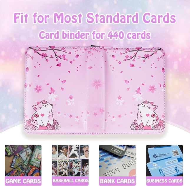 Card Binder for Girls – 440 Cards Capacity, 55 Sleeves, Sakura Cat Design, Trading Card Holder