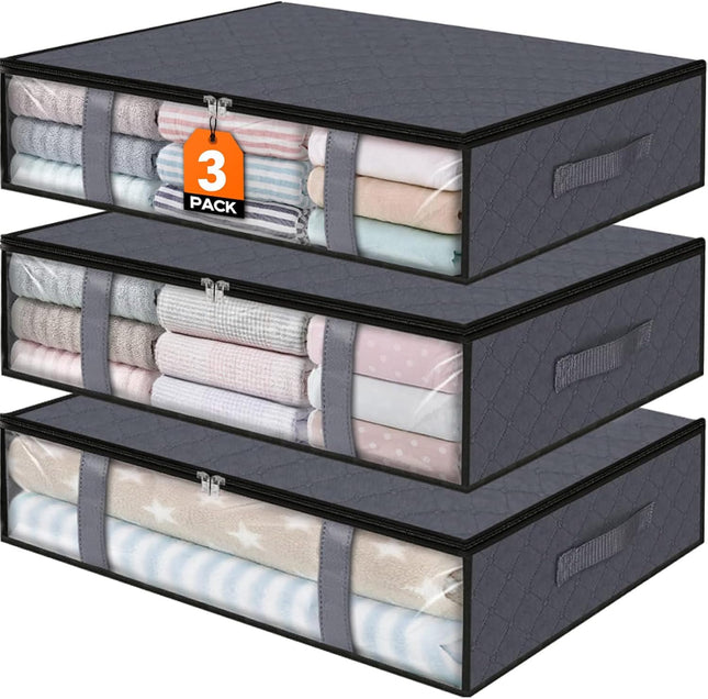 3 Pack 40L Under Bed Storage Bags Clear Window Clothes Blanket Organizer