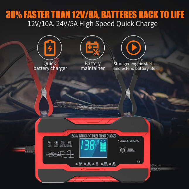 10-Amp Smart Car Battery Charger, 12V/24V, Maintainer & Desulfator with Temp Comp