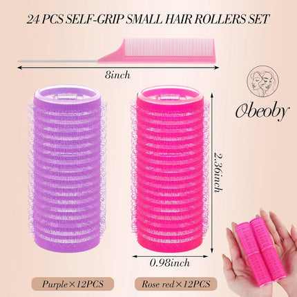 24PCS Self-Grip Hair Rollers 25mm, Heatless Curlers for Short Hair & Bangs, Rose Red & Purple