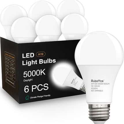 6 Pack A19 LED Light Bulbs 100W Equivalent, 5000K Daylight, 1500 Lumens, E26 Base