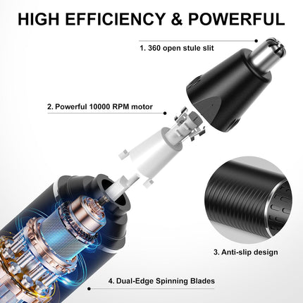 2-in-1 Rechargeable Nose & Ear Hair Trimmer, IPX7 Waterproof, Dual-Edge Blades, Black Silver