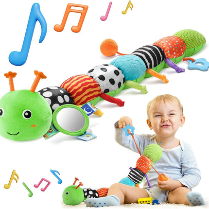 Baby Sensory Toy – Musical Caterpillar Plush with Teether, Rattle & Mirror