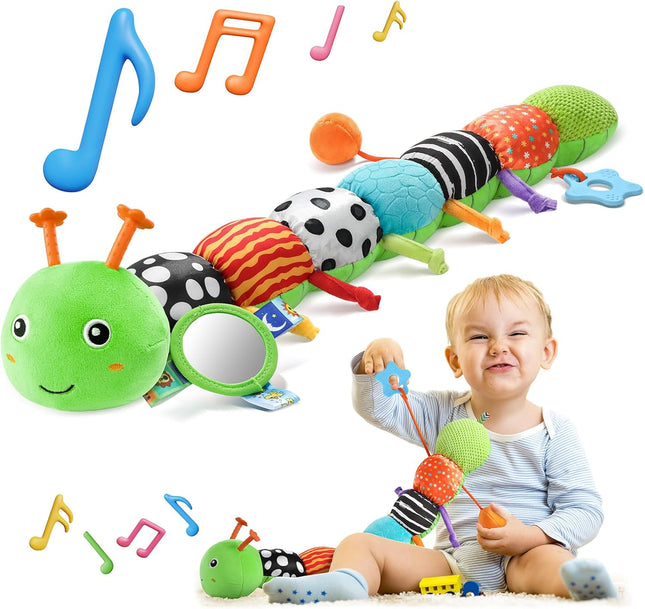 Baby Sensory Toy – Musical Caterpillar Plush with Teether, Rattle & Mirror