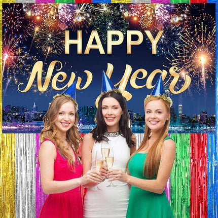 Happy New Year Fabric Banner Backdrop with Fireworks Photo Booth Decor