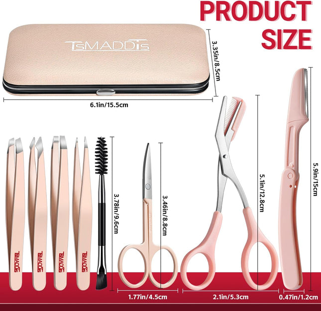 8-in-1 Eyebrow Kit – Tweezers, Trimmer, Scissors, Razor, Brush, Travel Bag for Women