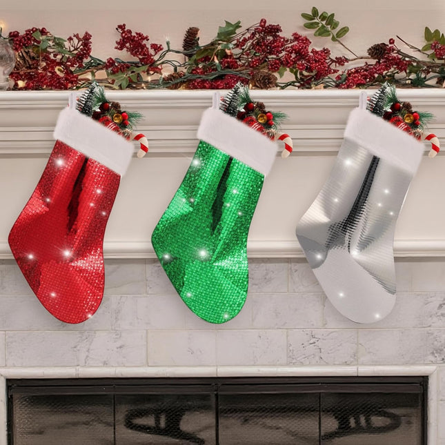 3PCS Glitter Christmas Stockings | Red, Green & Silver with Faux Fur Cuff