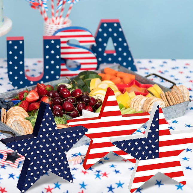 3 Pcs Patriotic Wooden Star Signs 4th of July Red White Blue Table Decor