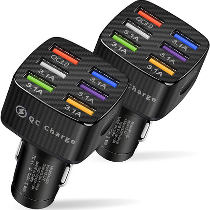 6 Port Car Charger Adapter, 2 Pack, QC 3.0 Fast Charging, USB Car Charger Black