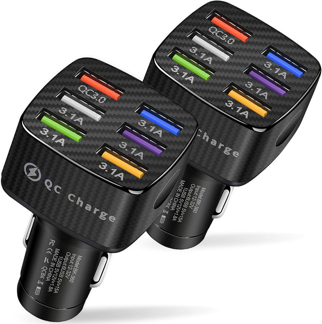 6 Port Car Charger Adapter, 2 Pack, QC 3.0 Fast Charging, USB Car Charger Black