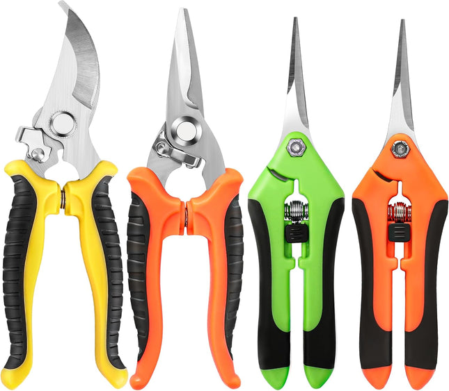 4PCS Garden Pruning Shears – Stainless Steel Clippers & Snips in Yellow, Orange, Green