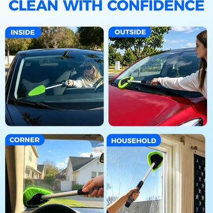 Windshield Cleaning Tool with Handle, Microfiber Pads for Car & Home Glass