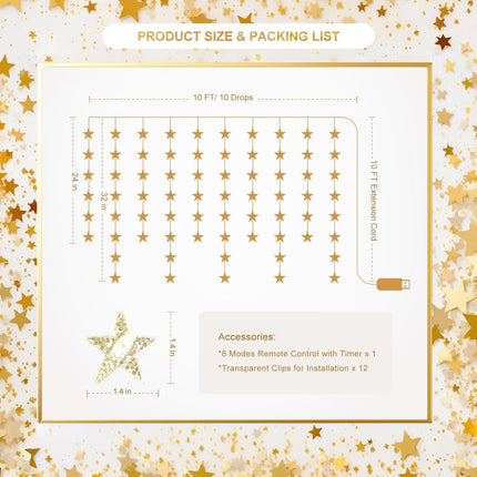 70 Stars Warm White Star Curtain Lights – Window Lights with Remote, Fairy LED Lights
