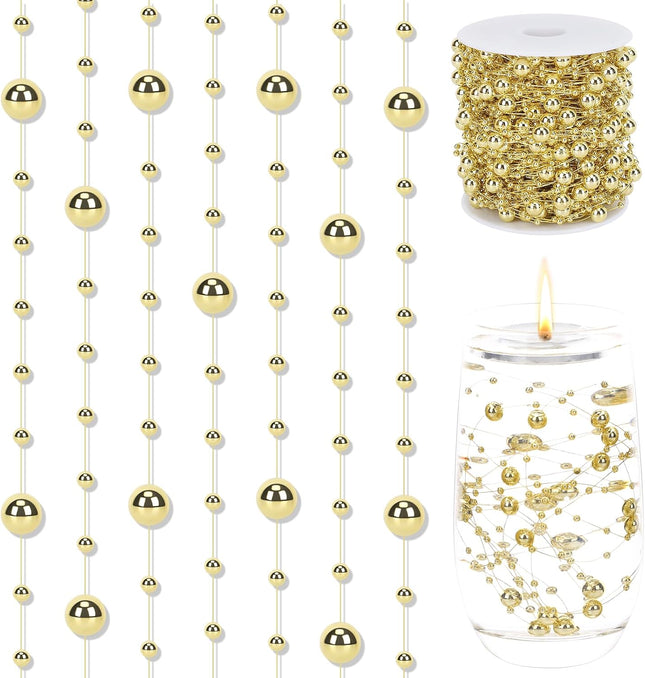 98Ft Christmas Pearl Garland – Gold Plated Beads for Home & Party Decor