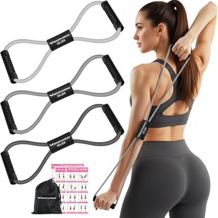 3 Pack Figure 8 Resistance Bands with Handles Stretching Fitness Training Kit