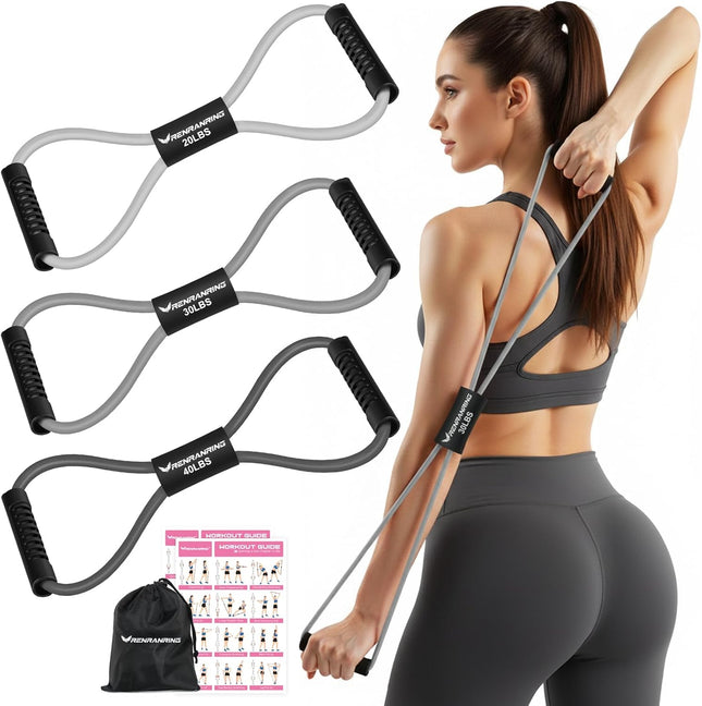 3 Pack Figure 8 Resistance Bands with Handles Stretching Fitness Training Kit