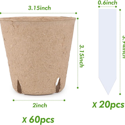 60 Pcs Peat Pots 3.15 Inch – Seed Starting Pots with Drainage & Bonus 20 Plant Labels