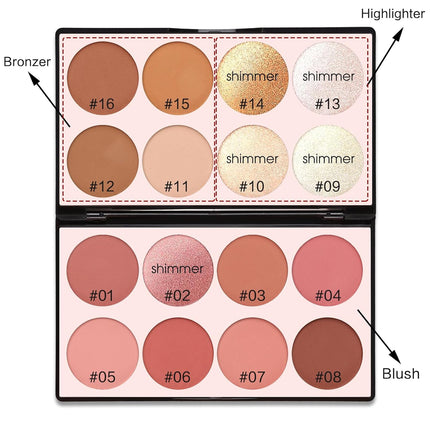 16-Color Contour Palette – Blush, Highlighter & Bronzer, All-in-One