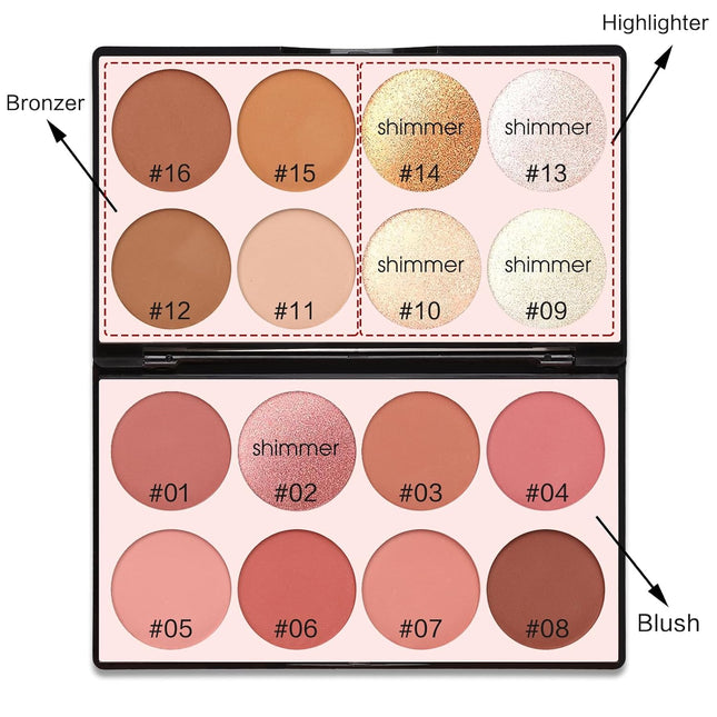 16-Color Contour Palette – Blush, Highlighter & Bronzer, All-in-One