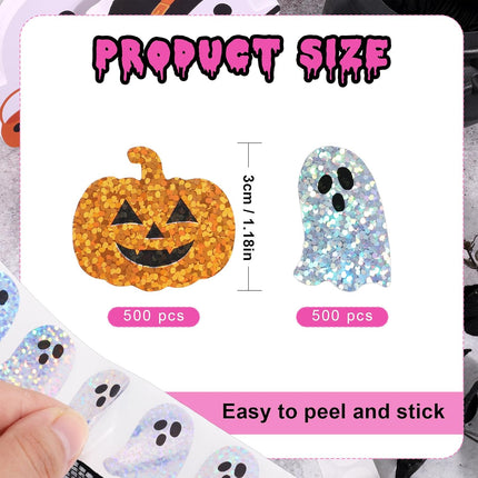 1000-Piece Halloween Sticker Roll, Sparkly Ghost & Pumpkin Waterproof Decals