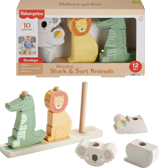 Wooden Baby Stack & Sort Toy – 10 Animal Pieces for 1+ Year Olds