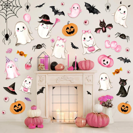 9-Sheet Pink Halloween Wall Stickers, Ghost Pumpkin Bat PVC Self-Adhesive Decals