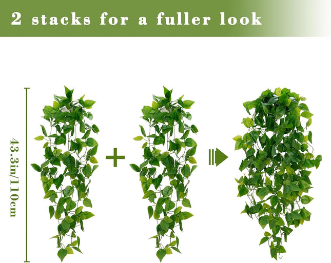2pcs Fake Hanging Plants – Artificial Pothos Vines for Home, Office, Indoor/Outdoor Decor