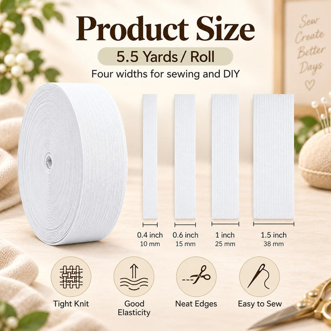 4 Rolls White Sewing Elastic Bands, 4 Widths Stretch Knit Elastic for Waistbands and Crafts