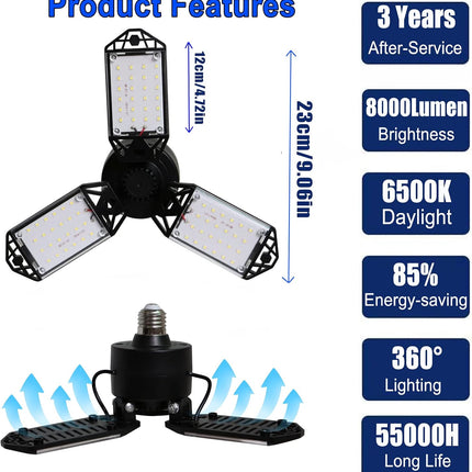 80W LED Garage Light 8000 Lumens 6500K with 3 Adjustable Panels E26 E27 Base