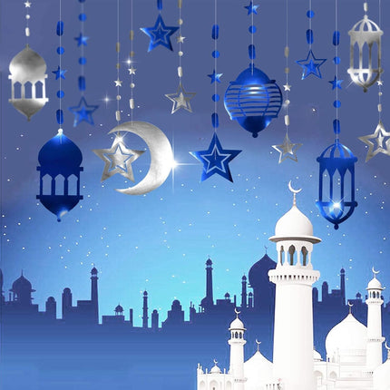 16PCS Silver Blue Ramadan Decorations: Star, Moon Lantern Garland & Eid Mubarak