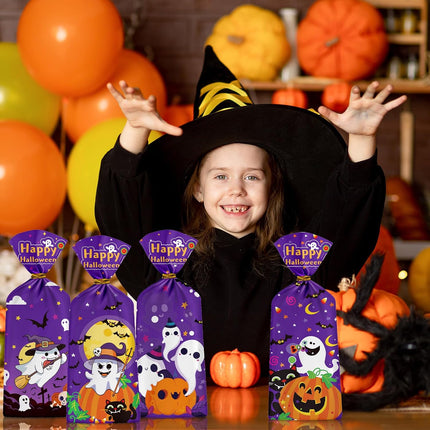 60-Piece Halloween Treat Bags, Cute Cellophane Candy Bags with Gold Twist Ties