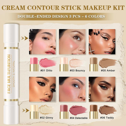 6 Colors Dual-Ended Contour Bronzer Blush Makeup Stick Set, Buildable Cheek Kit