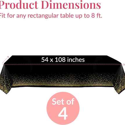 4 Pack Black & Gold Tablecloths 54x108 – Disposable Party Table Covers