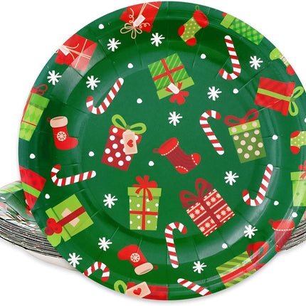 24PCS Xmas Paper Plates – Round 9" Snowflake & Gift Box Print Party Plates