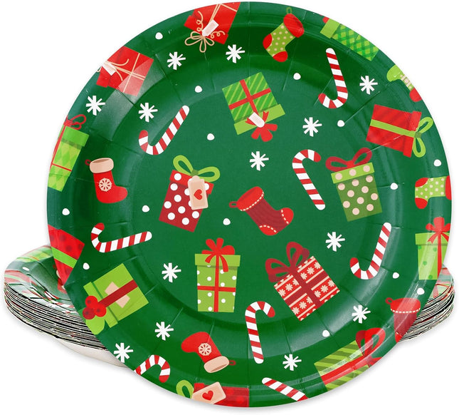 24PCS Xmas Paper Plates – Round 9" Snowflake & Gift Box Print Party Plates