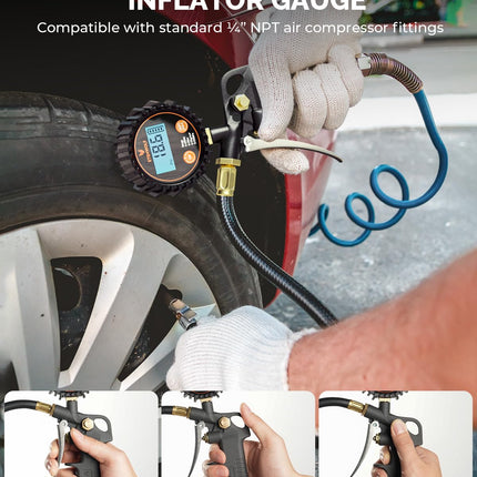 T500 Digital Tire Pressure Gauge with Inflator – 0-250 PSI, Calibrated to ANSI B40.7 Grade 2A