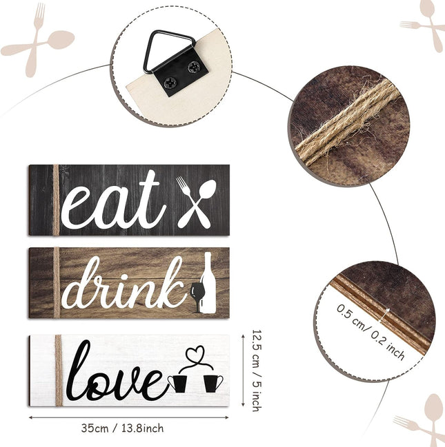 3-Piece Farmhouse Kitchen Wall Decor Set – Rustic Wooden "Eat Drink Love" Signs