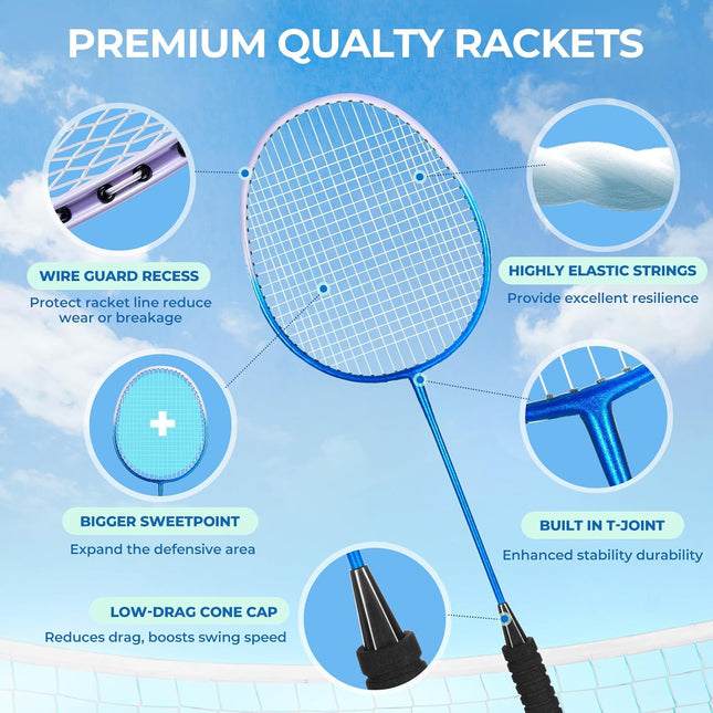 Badminton Racket Set with 2/4 Rackets, Birdies & Carry Bag for Outdoor Play