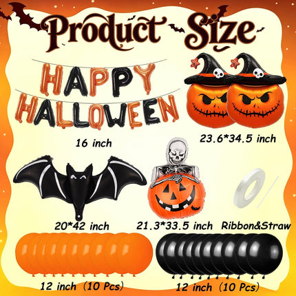 Happy Halloween Balloon Banner, Orange Black Bat & Pumpkin Balloons Party Decor