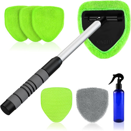 Windshield Cleaning Tool with Handle, Microfiber Pads for Car & Home Glass