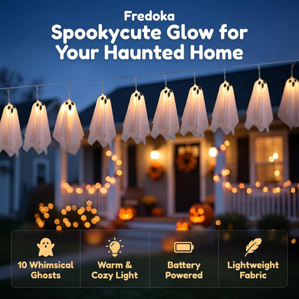 10-Piece Light-Up Hanging Ghost Ornaments, Glowing Indoor Outdoor Halloween Decor