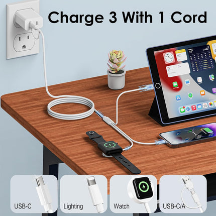 5FT 3-in-1 USB C Charging Cable – Apple Watch & iPhone 17/16/15 Charger, Travel Essential