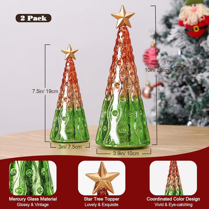 2PCS Glass Christmas Trees – Mercury Tabletop Trees with Lights & Battery